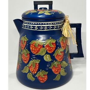 Vintage Wear-Ever‎ Aluminum Strawberry Coffee Pot Cobalt Blue Decor Hand Painted